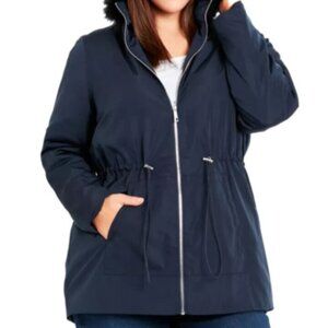 Evans Womens Faux Fur Hooded Collared Lightweight Full Zip Coat Navy Size 22 NWT